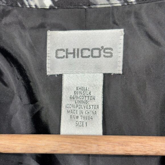 Chico’s Silk Blend Black Blazer Sz 1 M Jacket Artsy Statement Black White Luxe - Picture 5 of 8